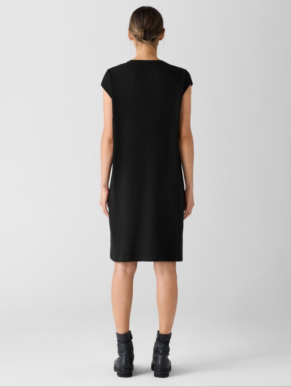Eileen Fisher Black Ribbed Tencel Blend Tunic Dress XS Petite Minimalist Stretch - Picture 3 of 5